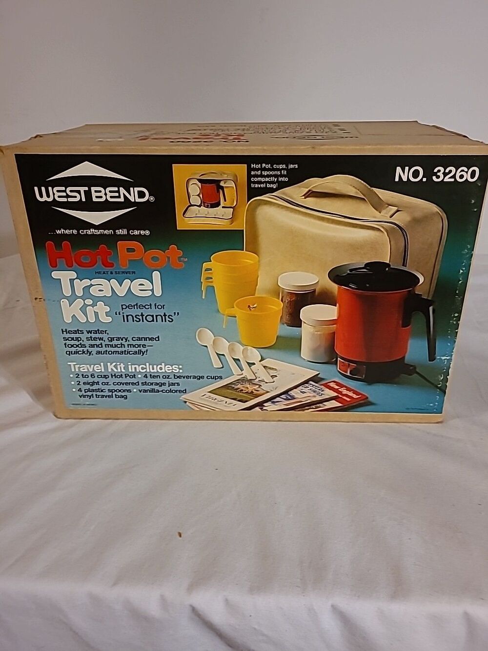 West Bend Red Hot Pot Travel Kit With Cups Spoons & Bag  In Orig Box